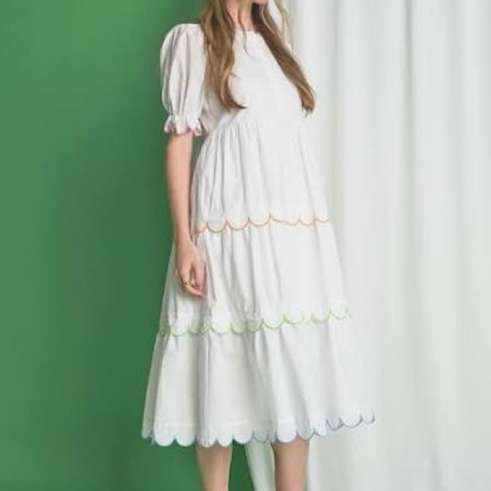 English Factory | White Dress with Colorful Scalloped Hem